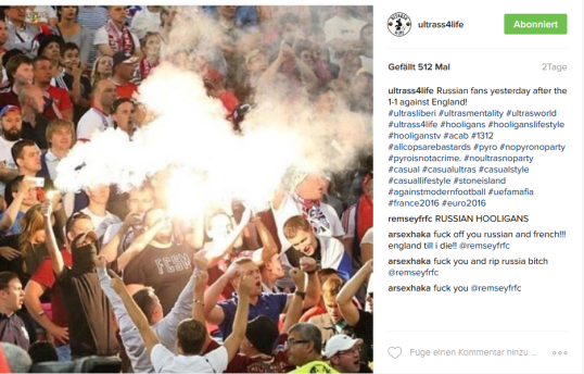 Die UEFA sorgt dafür, dass dies nicht im TV zu sehen ist. Russische Anhänger zündeln gegen England im Stadion © Screenshot Instagram